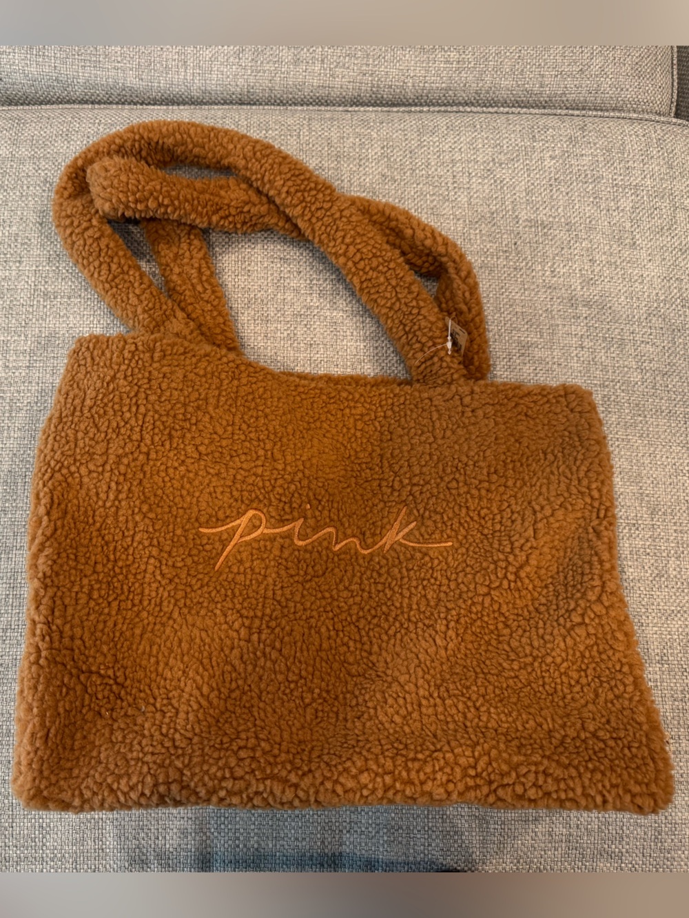 PINK Victoria's Secret Brown Sherpa Tote with Tonal Script